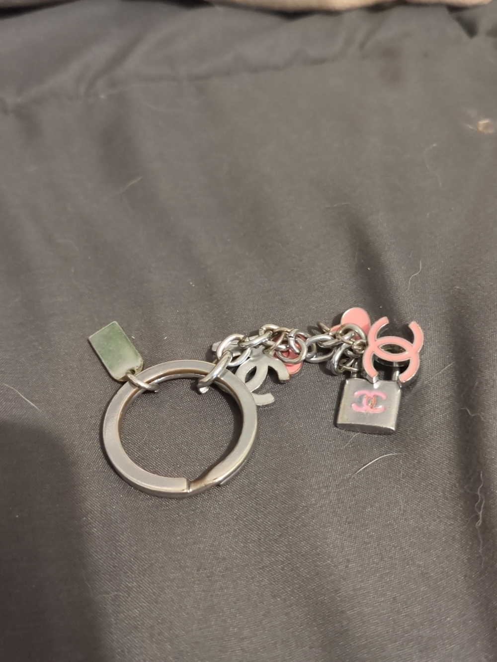 CHANEL Silver-tone Keyring with Pink CC Charms - So Cute!